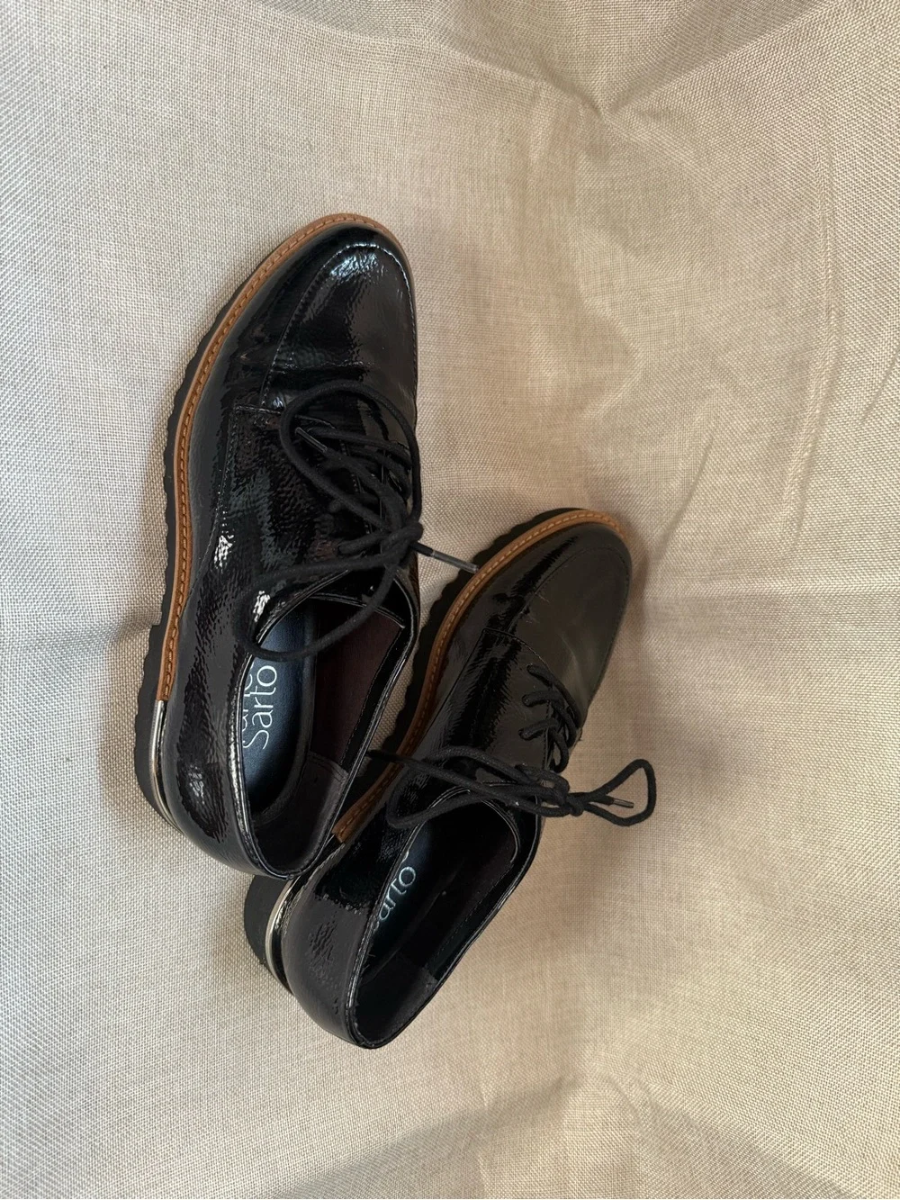 Franco Sarto Black Patent Leather Derby with Tan Welt